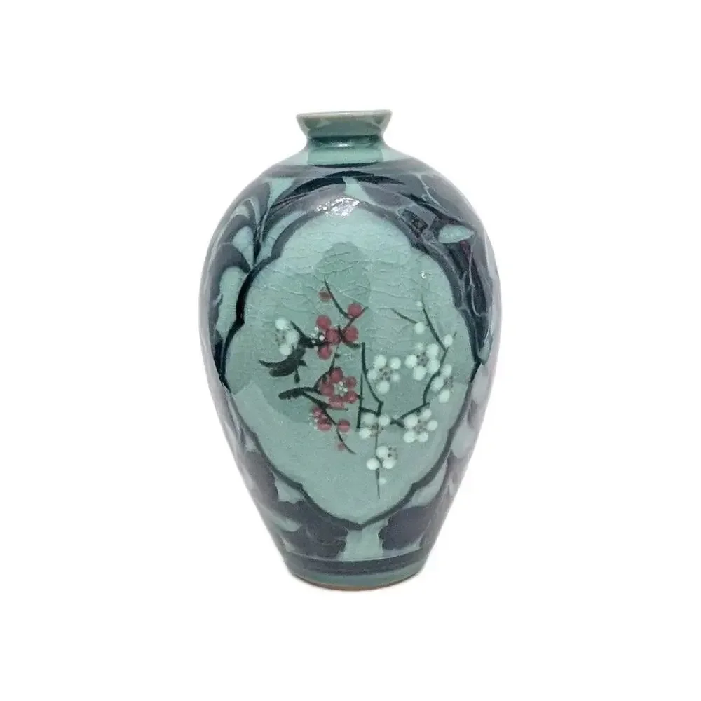 Celadon Green Japanese Cherry Plum Blossom Vase W Crazing Leaf Design 7.5